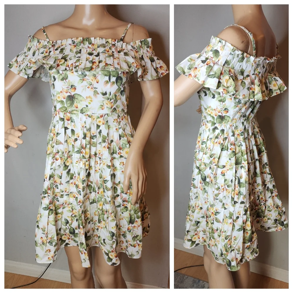 Floral Off-Shoulder Summer Dress in White and Green